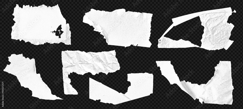 Aufkleber Torn grain paper rip vector background with scrap edges and noise texture at the transparent bg as a png. White cutout shapes and abstract pieces create a vintage banner or label.