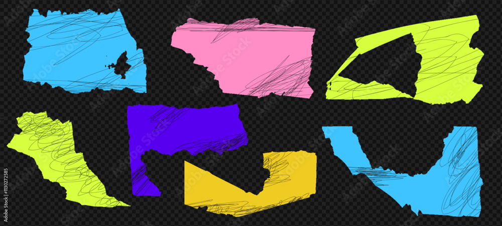 Poster Torn grain color paper pieces with scribbles, vector scrap edges at the transparent bg as a png. Abstract background with cutout shapes, headline pieces, and paint effects.