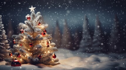 Christmas tree with glowing lights in snow on defocused bokeh background