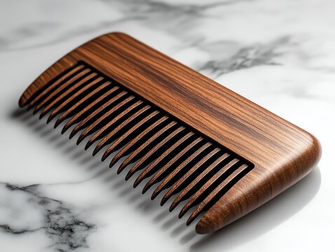 Realistic wooden comb resting on a smooth marble surface