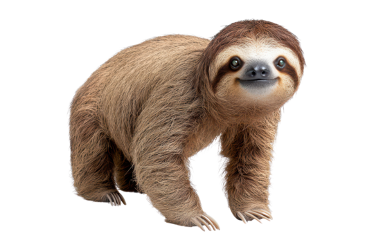 A cute, furry sloth with a friendly expression, standing upright and exhibiting its characteristic long claws and soft, brown fur.