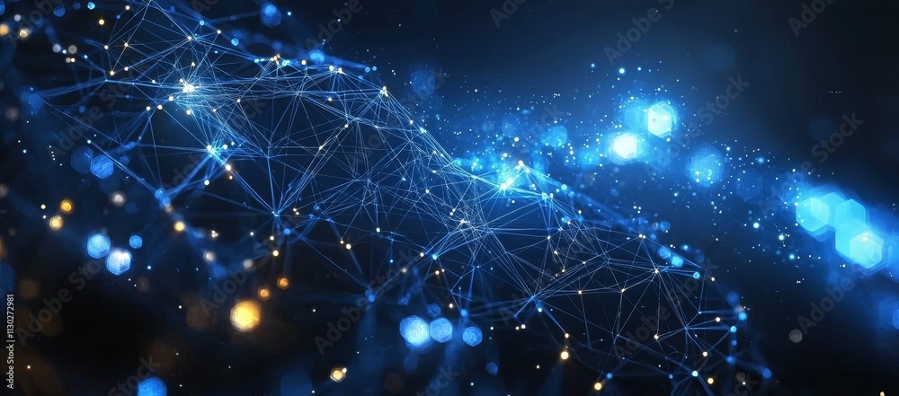 Poster a 3d image of a mesh representing internet connections in cloud computing, featuring interconnected 