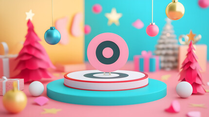Colorful Minimalist Holiday Display with Pink Target Symbol, Decorated Christmas Trees, Gifts, and Festive Ornaments on a Bright Background
