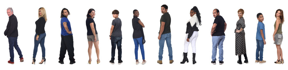 large of group of people turning and looking at the camera on white background