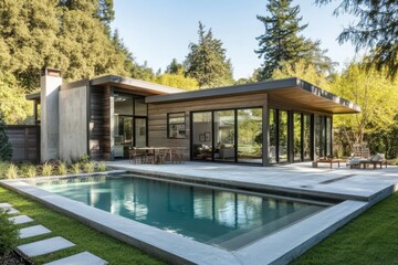 Modern home with a pool surrounded by greenery and large glass windows.