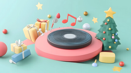 Festive Decor with a Retro Turntable, Colorful Gifts, and Ornaments Creating a Cheerful Holiday Atmosphere in a Vibrant Scene