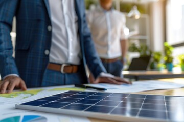 Businessman presents solar panel proposal for sustainable future.