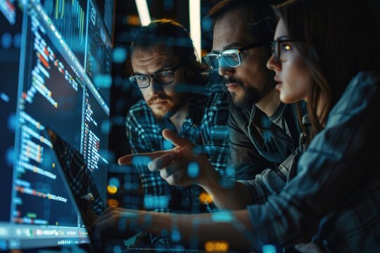 Diverse developers coding software together  fixing bugs on big screens.