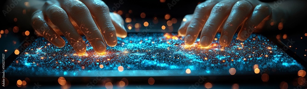 Poster an engineer uses a digital tablet to inspect the automatic welding robotic arms. augmented reality a