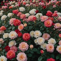 A rose garden filled with different shades of pink, red, and white.