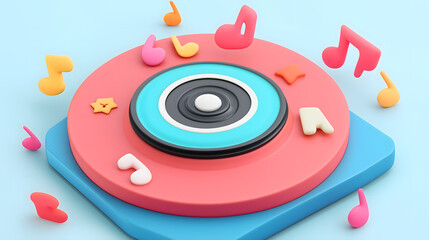 Colorful Creative Music Player with Vibrant Notes and Stars on a Soft Blue Background for Modern Arts and Entertainment Concepts
