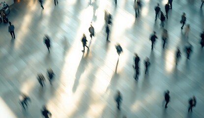 Fast moving people captured in motion blur create an atmosphere of dynamic energy, symbolizing the busy, impersonal nature of a crowded area.