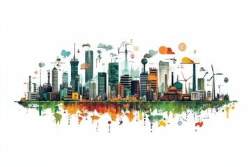 Fototapeta premium Cityscape illustration, vibrant colors, industrial and natural elements.