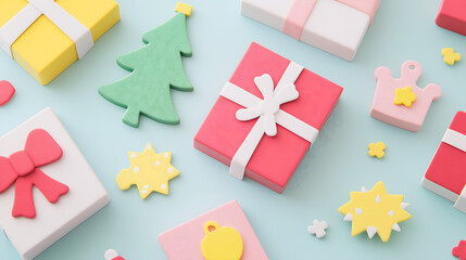 Colorful Festive Gifts, Christmas Decorations, and Playful Elements Spread Across a Light Blue Background for Celebratory Themes and Holiday Designs