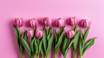 Fototapeta premium Pink tulips on a pink background with copy space for text