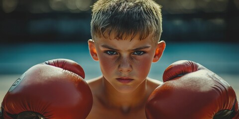 Determined young boxer showcasing confidence and readiness for competition. This successful kid boxer is prepared to fight for success and prove their skills in the ring.