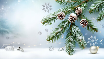 A beautiful holiday-themed background showcasing dense, evergreen branches covered in a light dusting of snow. The branches are interwoven with glowing string lights