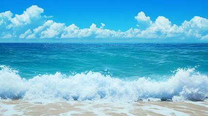 Fototapeta premium Ocean Waves Crashing on a Sandy Beach Under a Blue Sky