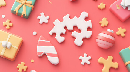 Colorful 3D Render of Festive Desserts and Decorations with Gift Boxes, Puzzle Pieces, and Christmas Ornaments on a Vibrant Pink Background