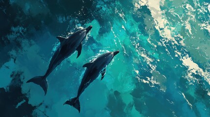 Naklejka premium Pair of dolphins swimming near the surface of a turquoise lagoon