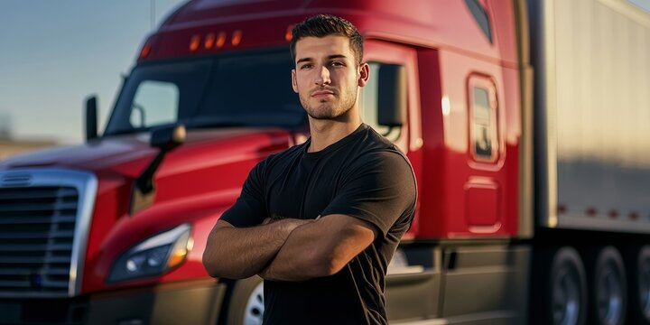 Young male driver poses confidently in front of his truck, showcasing his pride in his profession. This young male driver represents the spirit of dedication and commitment to the trucking industry.