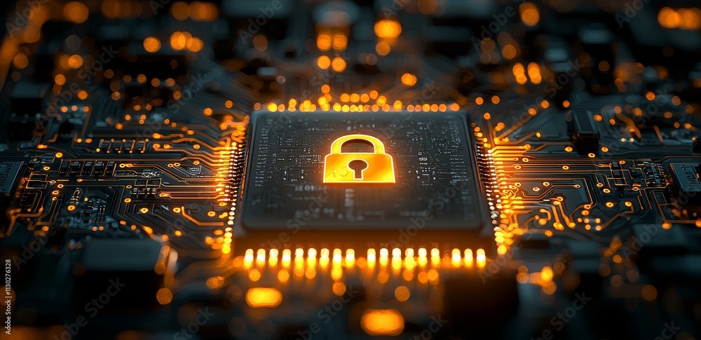 Poster cybersecurity. a digital padlock representing network and data protection technology on a virtual da