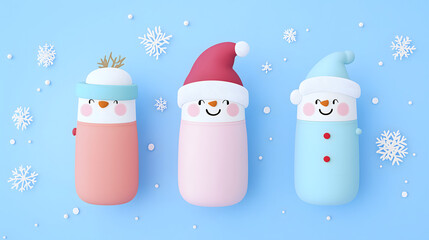 Cheerful snowman and festive characters in bright colors with winter decorations on a soft blue background featuring playful snowflakes for a delightful holiday theme