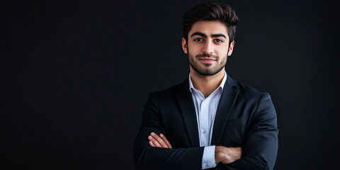 Fototapeta premium Professional studio portrait of a young Persian businessman confidently standing with arms crossed, showcasing his determination and style in a business setting.