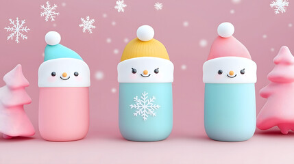 Charming Winter-Themed Cartoon Containers with Snowman Faces and Colorful Hats against a Pastel Pink Background with Christmas Trees and Snowflakes