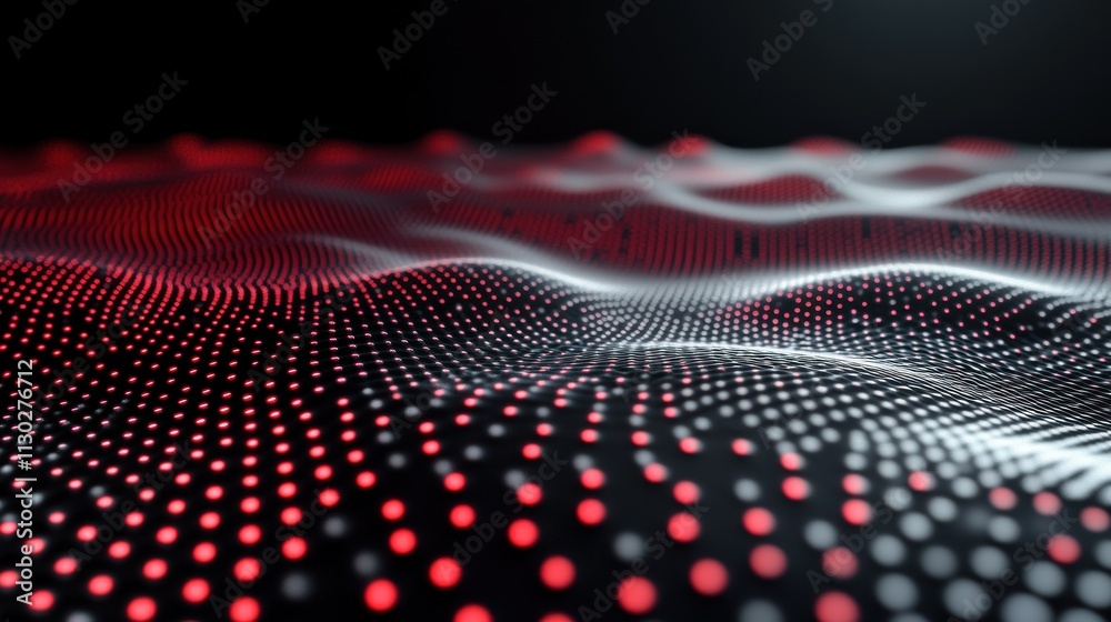 Poster Abstract representation of waves using red and white dots on a dark background.