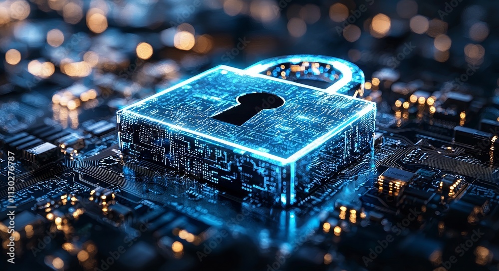 Poster cyber security illustrated by a digital padlock icon. virtual dashboard displaying network and data 