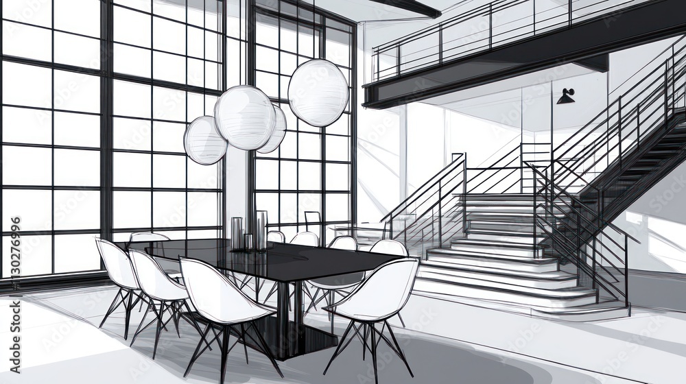 Poster modern interior design featuring a dining area and staircase in a minimalist style.