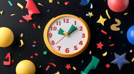 Colorful Clock Surrounded by Party Decorations, Festive Confetti, and Vibrant Shapes, Perfect for Celebrations, New Year, or Time Management Concepts