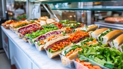 Obraz premium Vibrant deli counter filled with an array of fresh meats, cheeses, and gourmet delights for every palate.