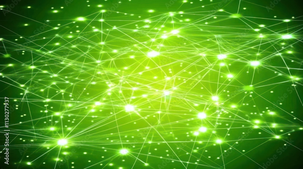 Aufkleber Abstract green network design with glowing points and interconnected lines.