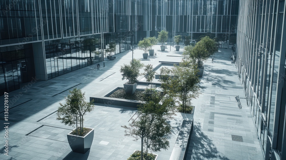 Poster modern urban plaza featuring greenery and sleek architecture in a tranquil setting.