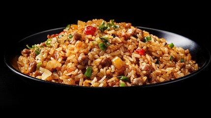 Delicious fried rice with meat and vegetables served in a black bowl on a black background.