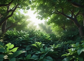 Fototapeta premium Emerald leaves form a verdant canopy, dappled shade below , relaxation, peaceful, outdoors