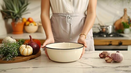 Woman's hands holding an empty mixing bowl on kitchen counter with vegetables.
