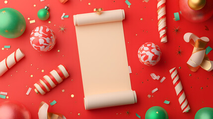 Festive Holiday Background with Blank Scroll Surrounded by Ornaments, Candy Canes, and Streamers Ideal for Christmas and New Year Greetings