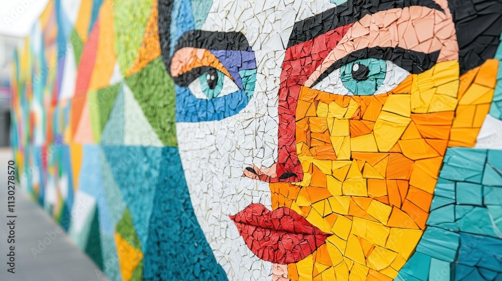 Poster a vibrant mosaic artwork featuring a stylized face with colorful geometric patterns, showcasing arti