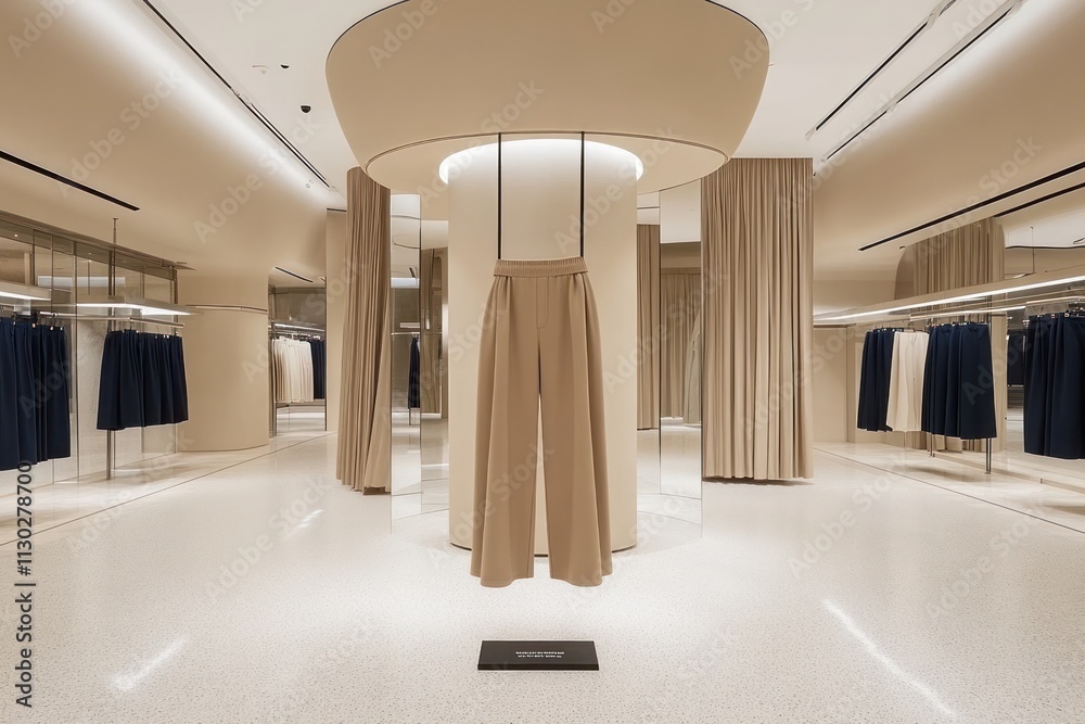 Poster A modern retail space showcasing stylish clothing on display in a minimalist environment.