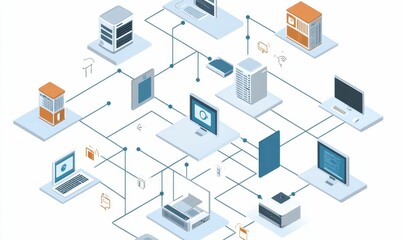 Obraz premium Interconnected devices, network infrastructure, digital data flow.