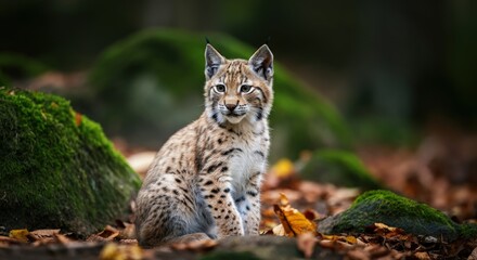 Obraz premium Majestic eurasian lynx among autumn leaves in forest setting