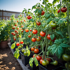 Fototapeta premium Gemüsepflanzen - Rote und grüne Tomaten in voller Pracht