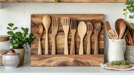 Wooden kitchen utensils organized on a shelf with plants.