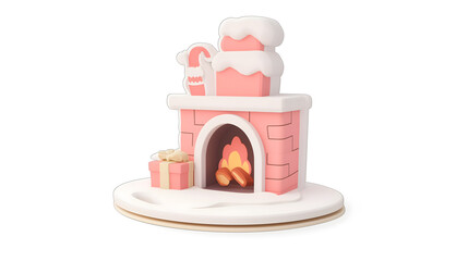 Cozy Christmas Fireplace with White Snow, Pink Decor, Candy Cane, and Gift Box, Perfect for Holiday Themed Crafts and Illustrations
