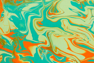 Turquoise orange beige acrylic fluid art. Abstract creative spring background. Artistic floral background. Dynamic lines, movement, contrast splash. Design of holiday cards. Fashionable marble texture