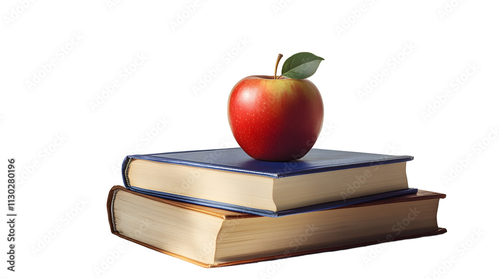 Wall mural books and an apple isolated on white or transparent background