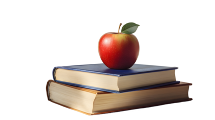 Books and an apple isolated on white or transparent background